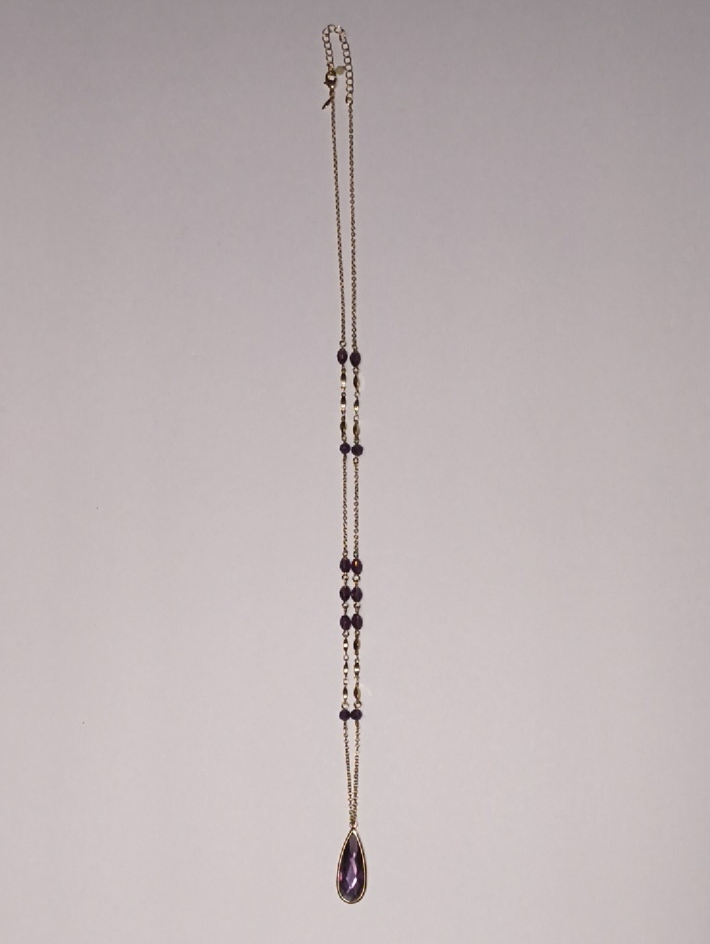 Gold-Tone Necklace with Purple Teardrop Pendant and Bead Accents